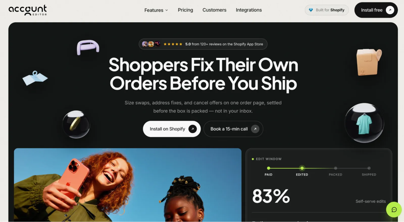 Account Editor homepage: shoppers fix their own orders before you ship