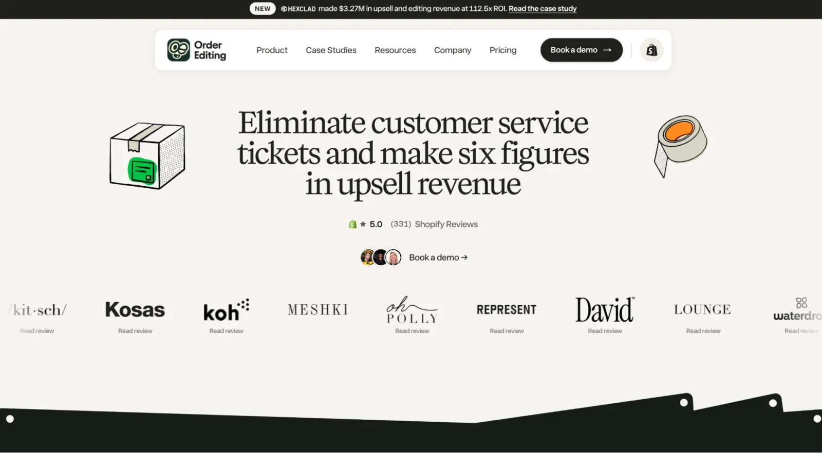 OrderEditing.com homepage with Shopify review rating and customer logos