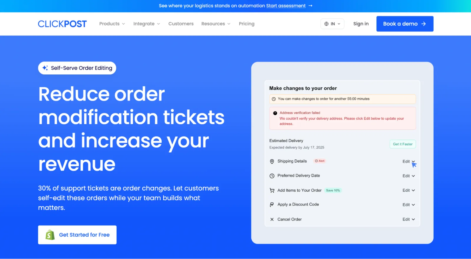 ClickPost self-serve order editing page with an order change widget