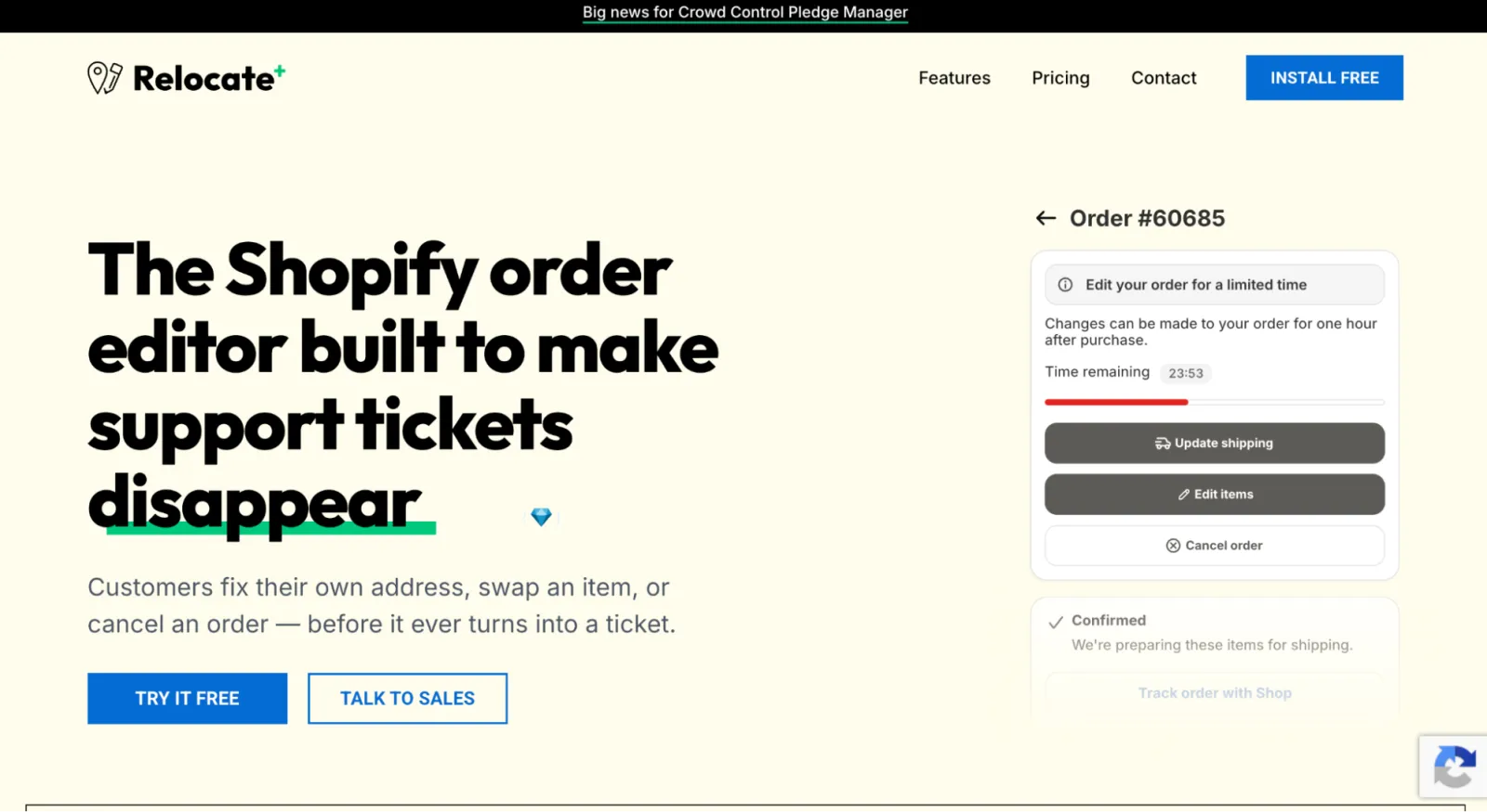 Relocate+ homepage: Shopify order editor with a customer edit widget