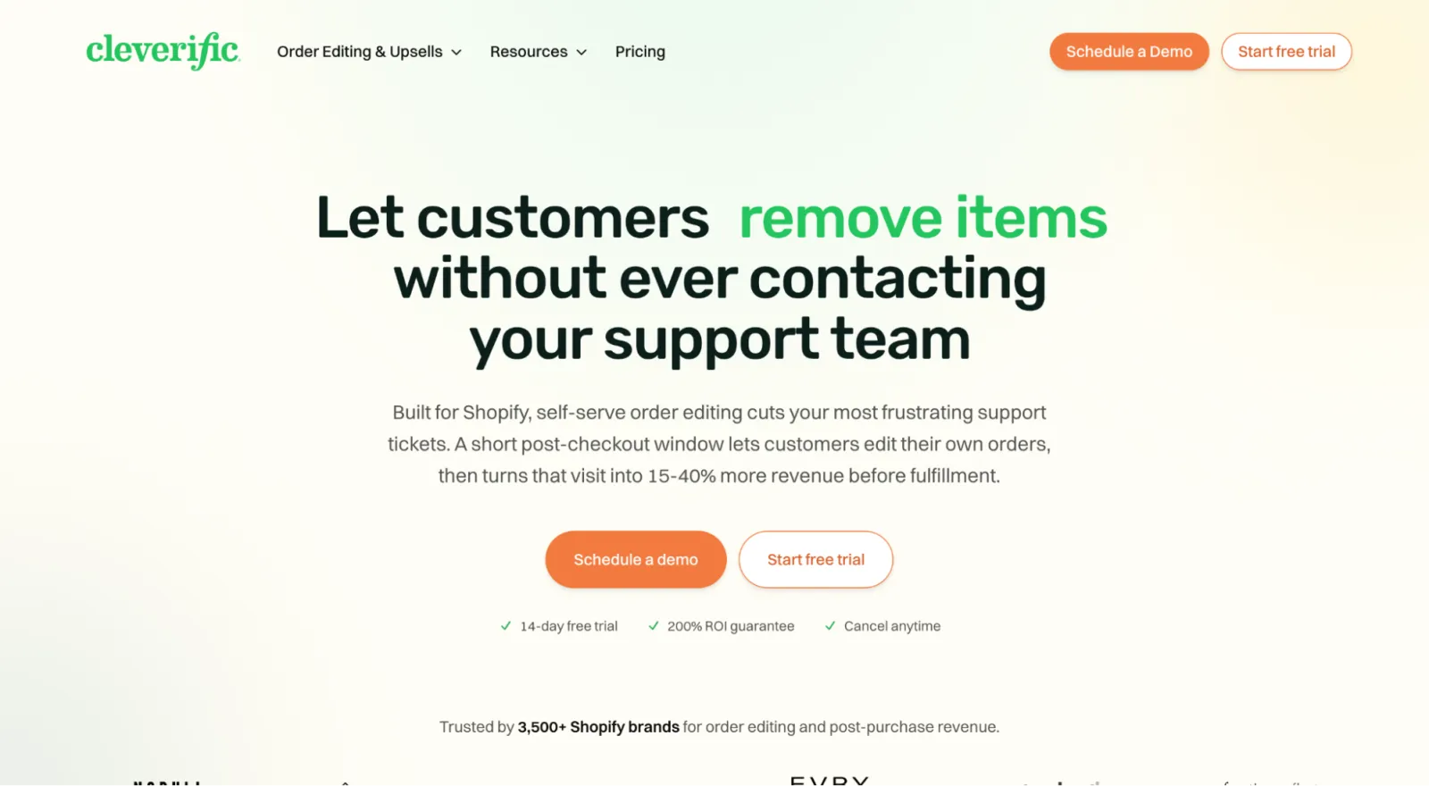 Cleverific homepage: let customers edit orders without contacting support