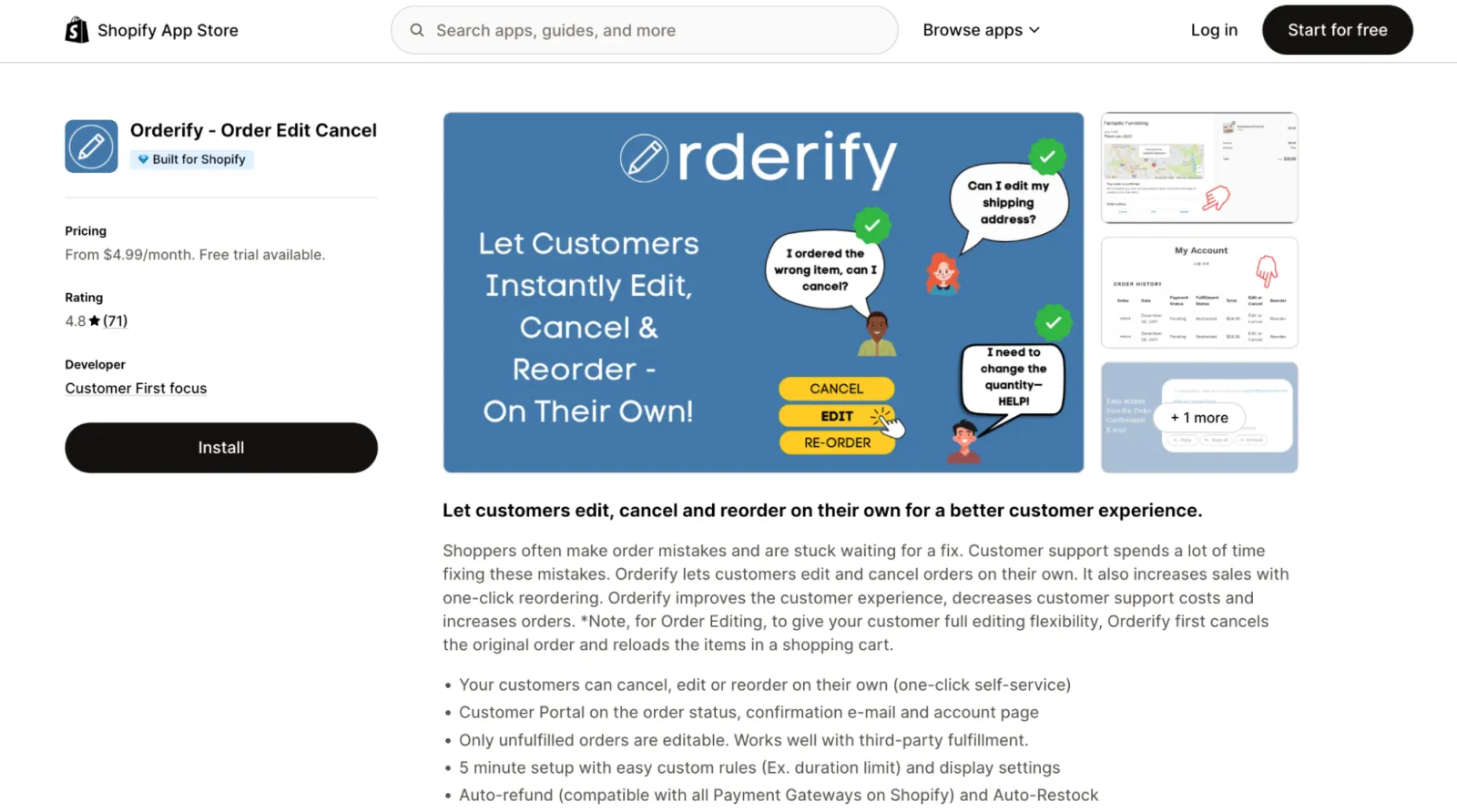Orderify listing on the Shopify App Store for order edit and cancel