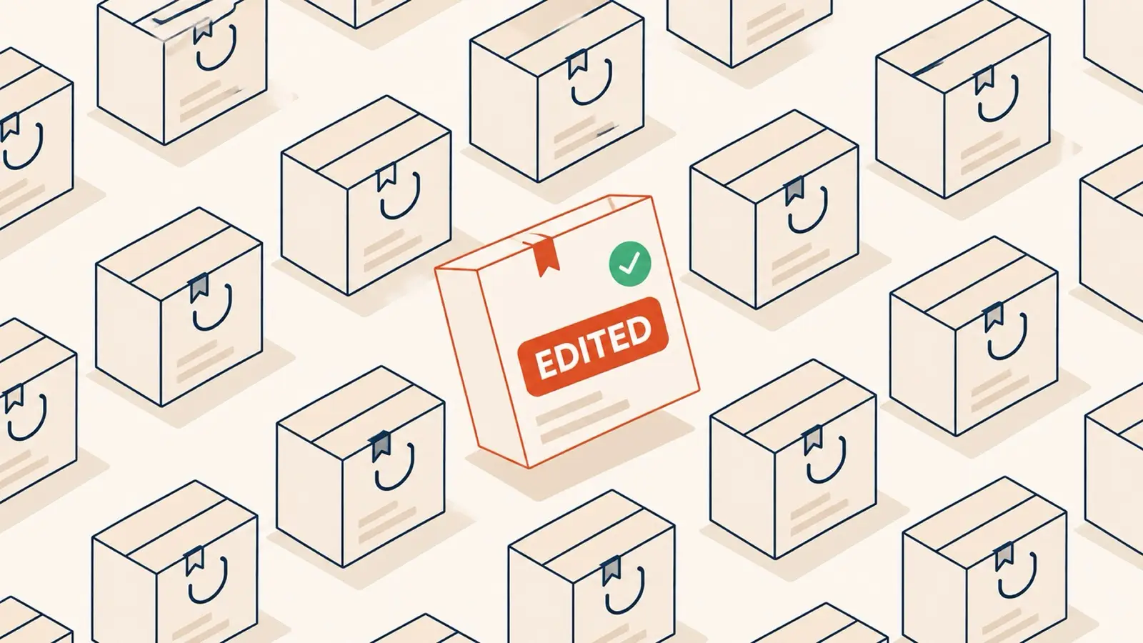 Isometric grid of shipping boxes with a single box marked EDITED, showing an order the warehouse must only pick after the edit window closes.