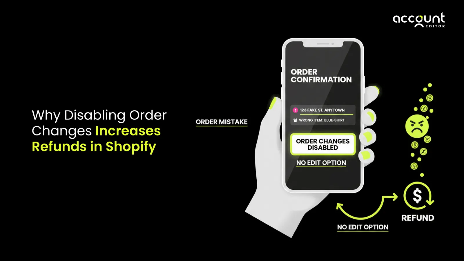 Illustration showing why disabling order changes in Shopify increases refunds when customers cannot edit mistakes after checkout.