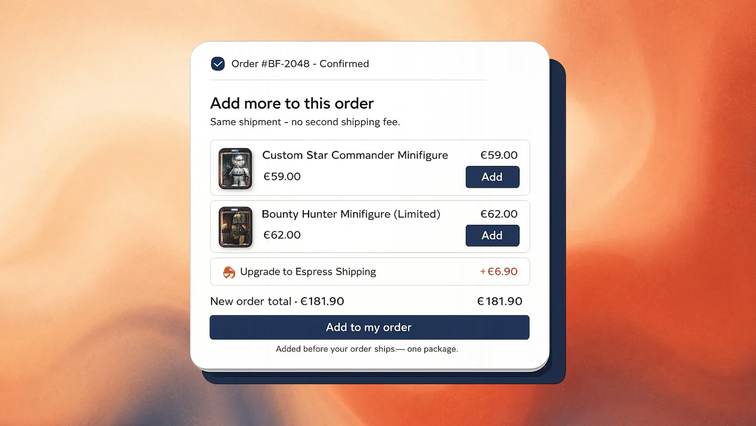 BricksAndFigsDE customer adding more items to an order they've already placed, from the order status page
