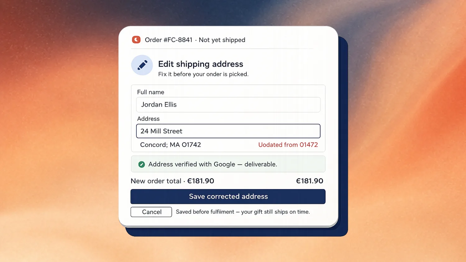 FreshCut Paper customer correcting their shipping address on the order status page before fulfilment