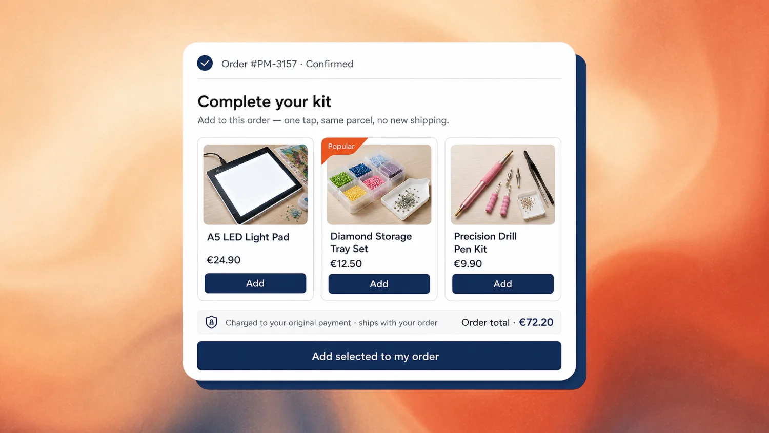 Picmondoo post-purchase upsell offer shown on the order status page after checkout