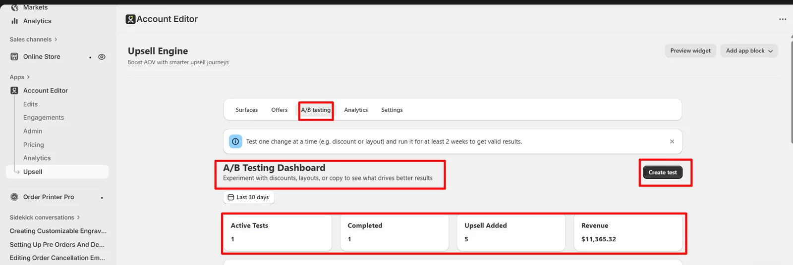 A/B Testing dashboard overview