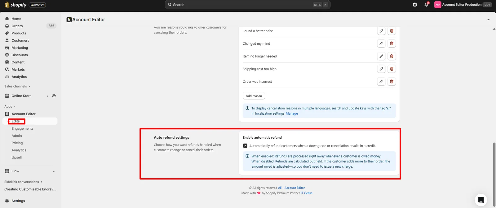 Auto refund setting