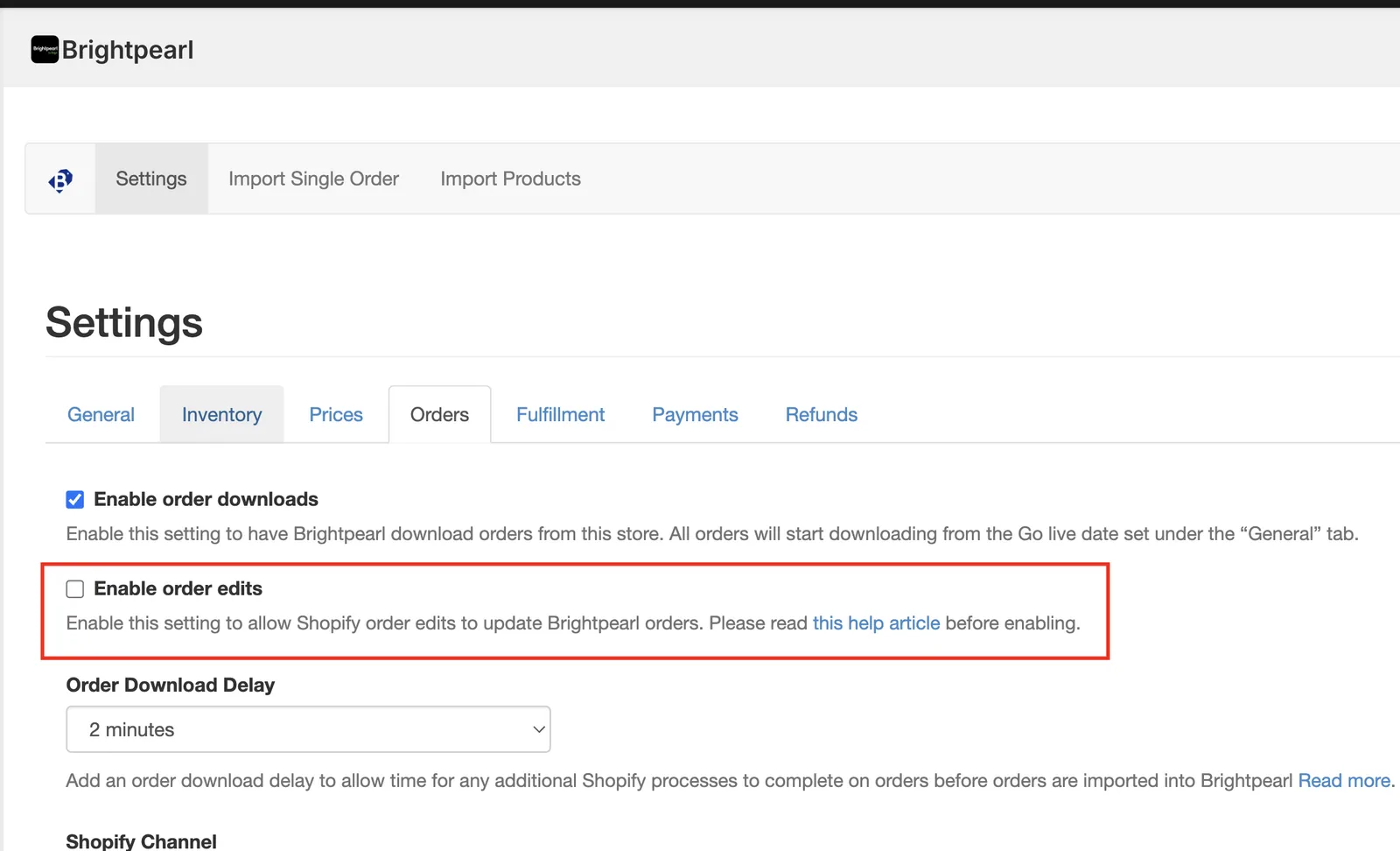 Brightpearl Orders Settings showing “Enable order edits” checked