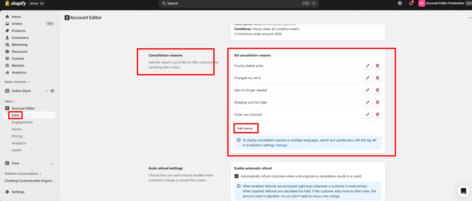 Cancellation reasons settings