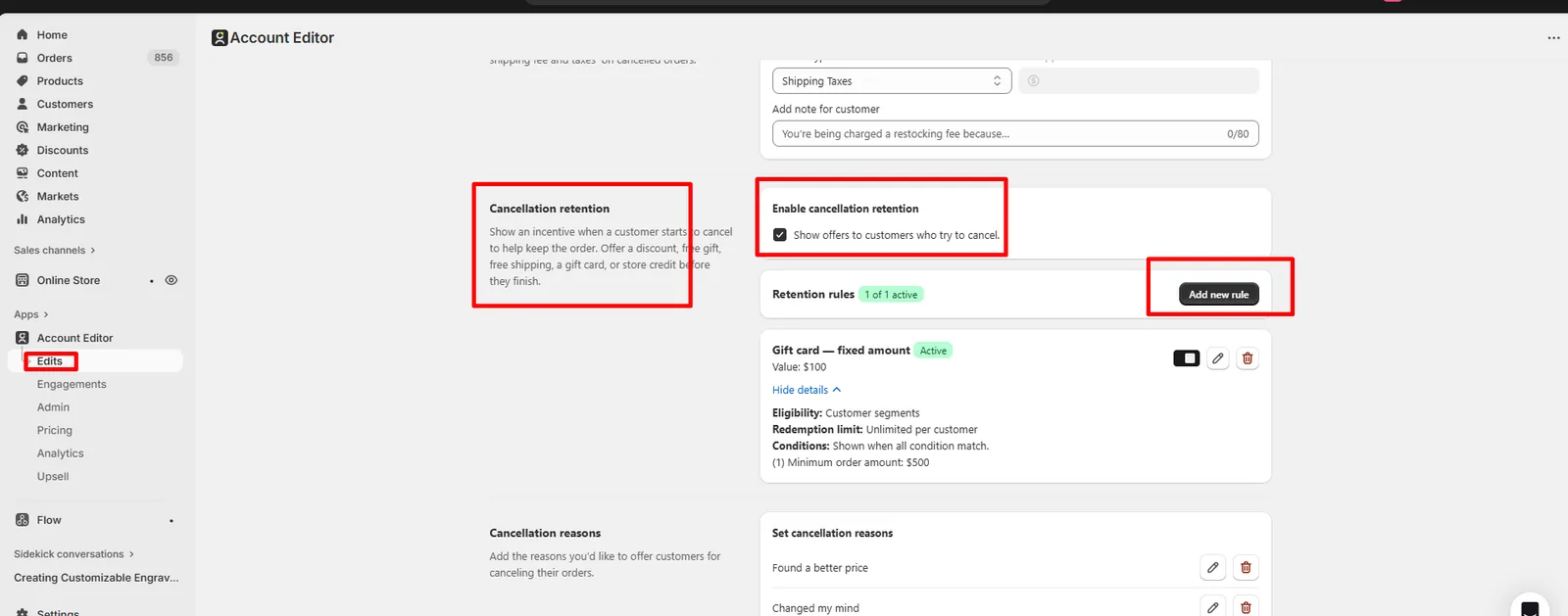Enable Cancellation Retention toggle