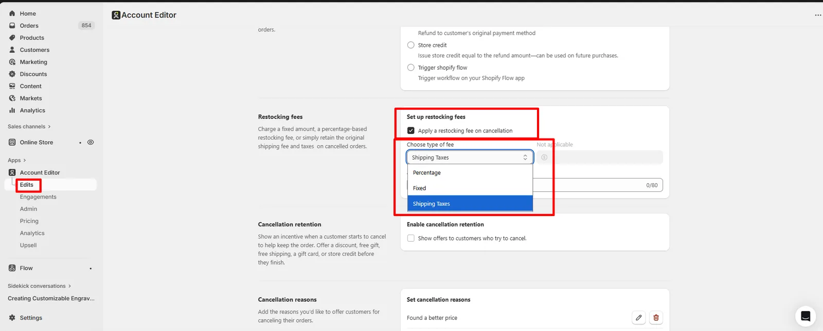 Restocking fee setting