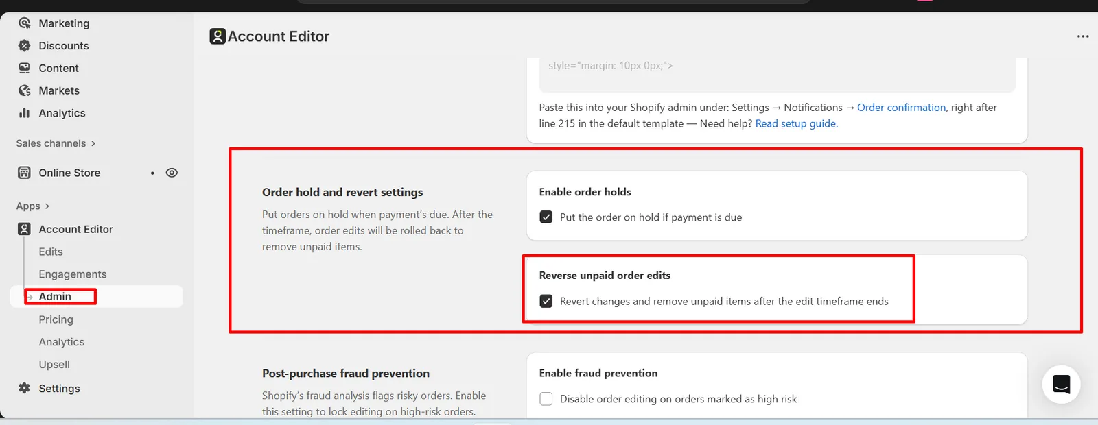 Reverse unpaid order edits toggle enabled